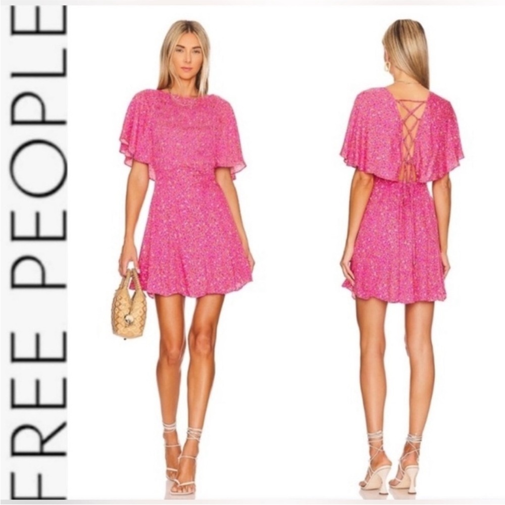 STUNNING Free People Pink Florence Smocked Lace Up Back Mini Dress